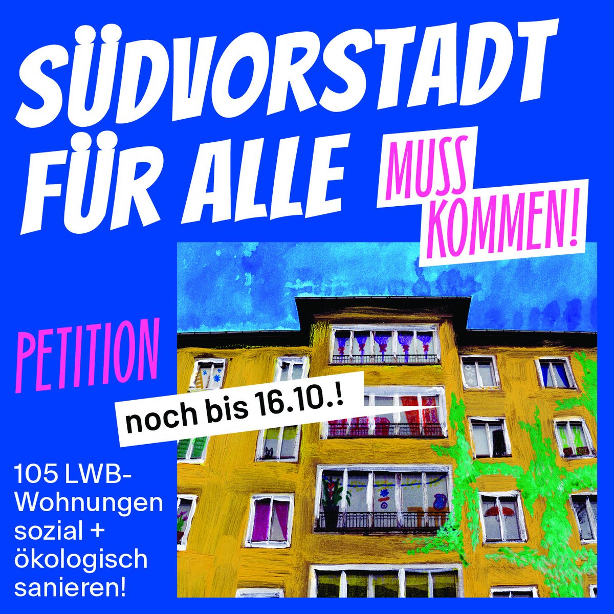 ❗️Bis Montagabend  noch unterzeichnen❗️Für mehr bezahlbaren Wohnraum in #Leipzig!
Zeigt, was wir in Leipzig für Sanierungen brauchen: Eine Sanierung, welche die Verdrängung in den Vierteln nicht weiter anheizt!  Jede Stimme zählt:
openpetition.de/!qnhvc