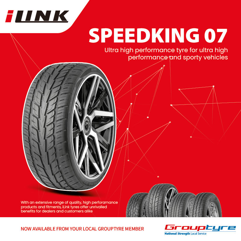 iLink Speedking 07 is an ultra high performance tyre for ultra high performance and sporty vehicles. The 30 multi-angle 'V-shaped' pattern design ensures high speed handling and stability in straight lines and bends.

Available now from your local Grouptyre member