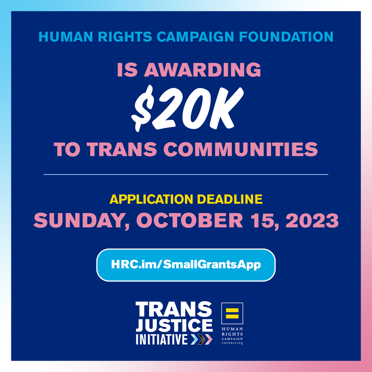 We're offering $1,000 to 20 organizations or individuals who are working to advance transgender equality in their area. See if you qualify and apply here: hrc.im/SmallGrantsApp
