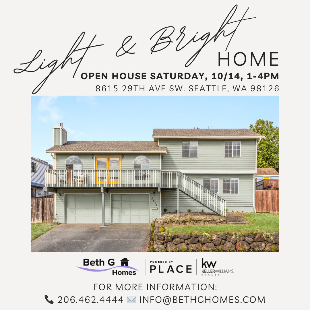 OPEN HOUSE Saturday on this spacious 4BR/3BA home! Conveniently located, huge primary bdrm w/cozy gas fireplace & walk-in closet. Large yrd w/patio. 2 Car grg w/workshop + RV parking
OPEN SAT, 10/14, 1-4PM
#bethghomes #westwoodvillage #homebuyers #openhouse #westseattlerealestate