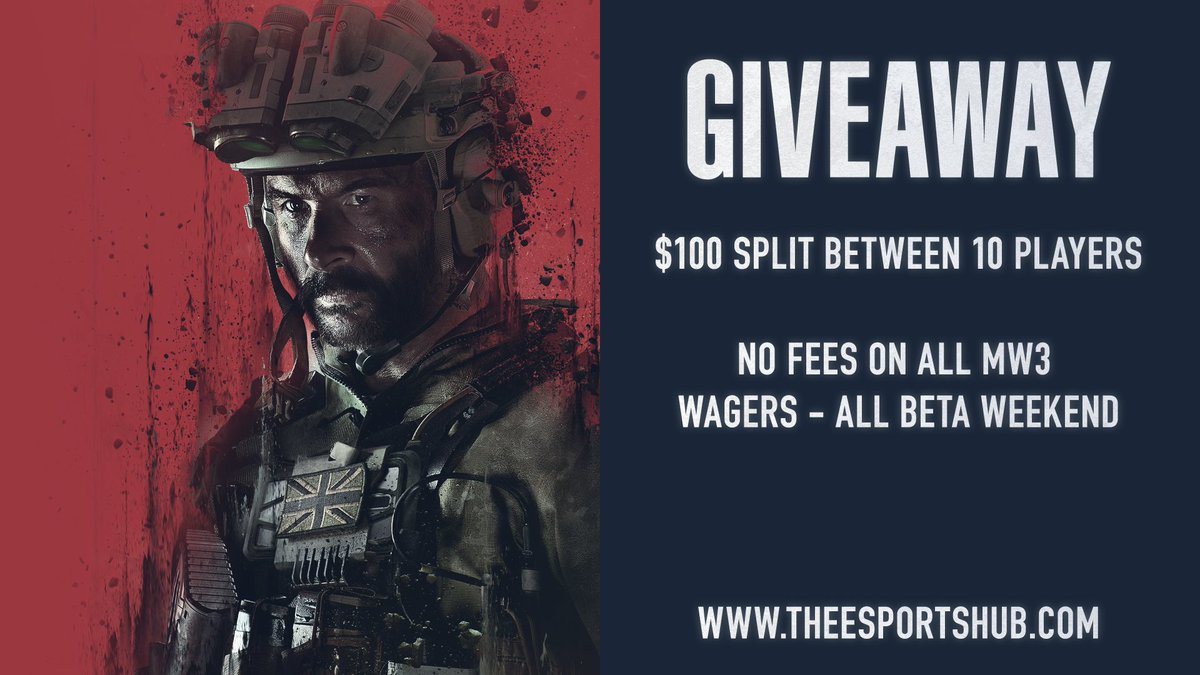 theesporthub's tweet photo. 🚨$100 GIVEAWAY🚨

To celebrate the MW3 beta weekend, we're giving away $100 to 10 players!

✅ RT this tweet
✅ Follow @TheEsportHub
✅ Tag someone who doesn't shoot back on MW3

Winners picked Sunday! NO FEES on ALL MW3 wagers all weekend long😎 https://t.co/AQc2JPPy5H