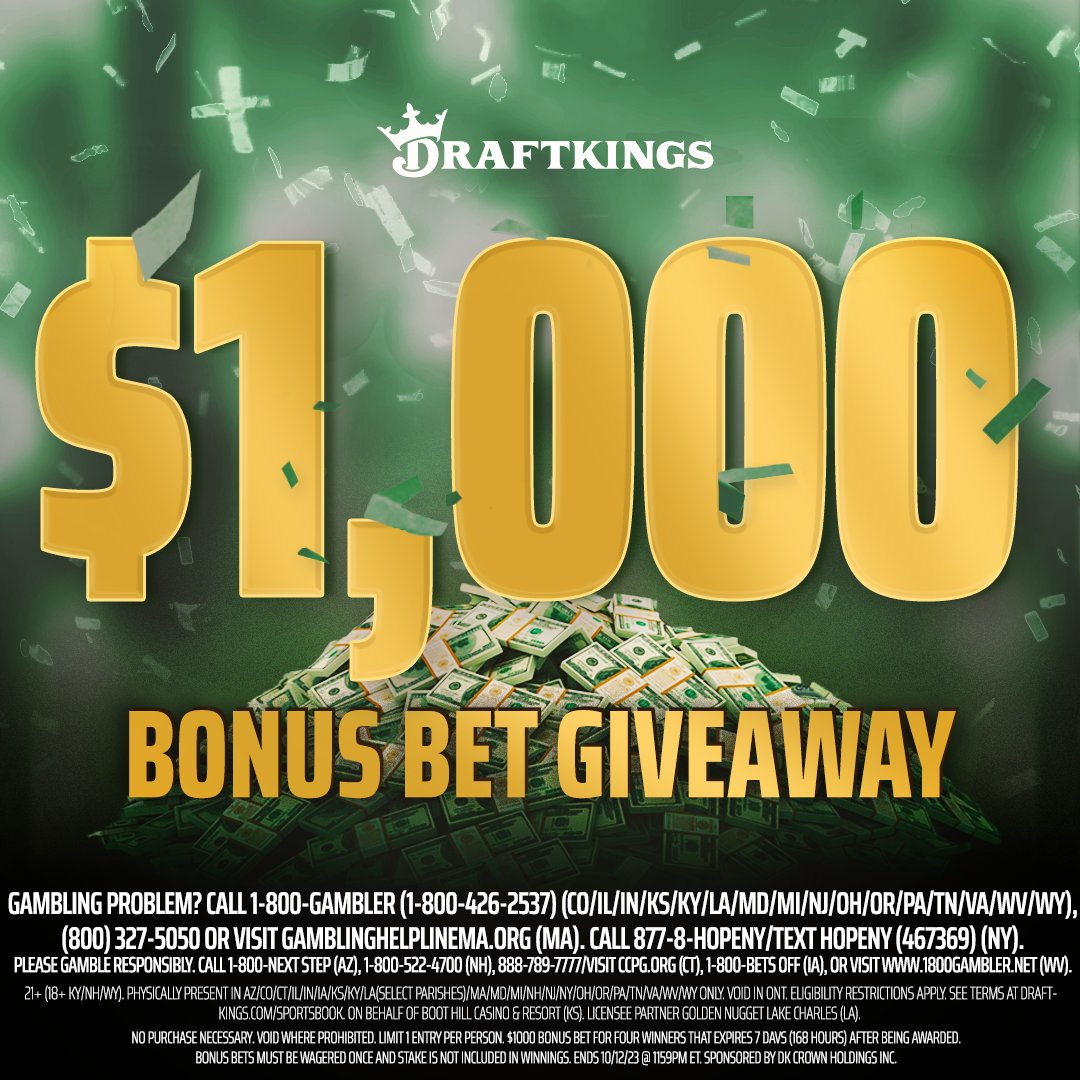 DraftKings Sportsbook (@dksportsbook) on Twitter photo THURSDAY VIBES 🕺🕺🕺
We're giving away a $1,000 BONUS BET to celebrate Thursday Night Football. To enter, simply:
1. Follow <a href="/DKSportsbook/">DraftKings Sportsbook</a>
2. Retweet this tweet
3. Comment #DraftKings & who you think will win #TNF
ONE WINNER. $1,000 BONUS BET. RULES: dkng.me/45tC38Y THURSDAY VIBES 🕺🕺🕺
We're giving away a $1,000 BONUS BET to celebrate Thursday Night Football. To enter, simply:
1. Follow <a href="/DKSportsbook/">DraftKings Sportsbook</a>
2. Retweet this tweet
3. Comment #DraftKings & who you think will win #TNF
ONE WINNER. $1,000 BONUS BET. RULES: dkng.me/45tC38Y