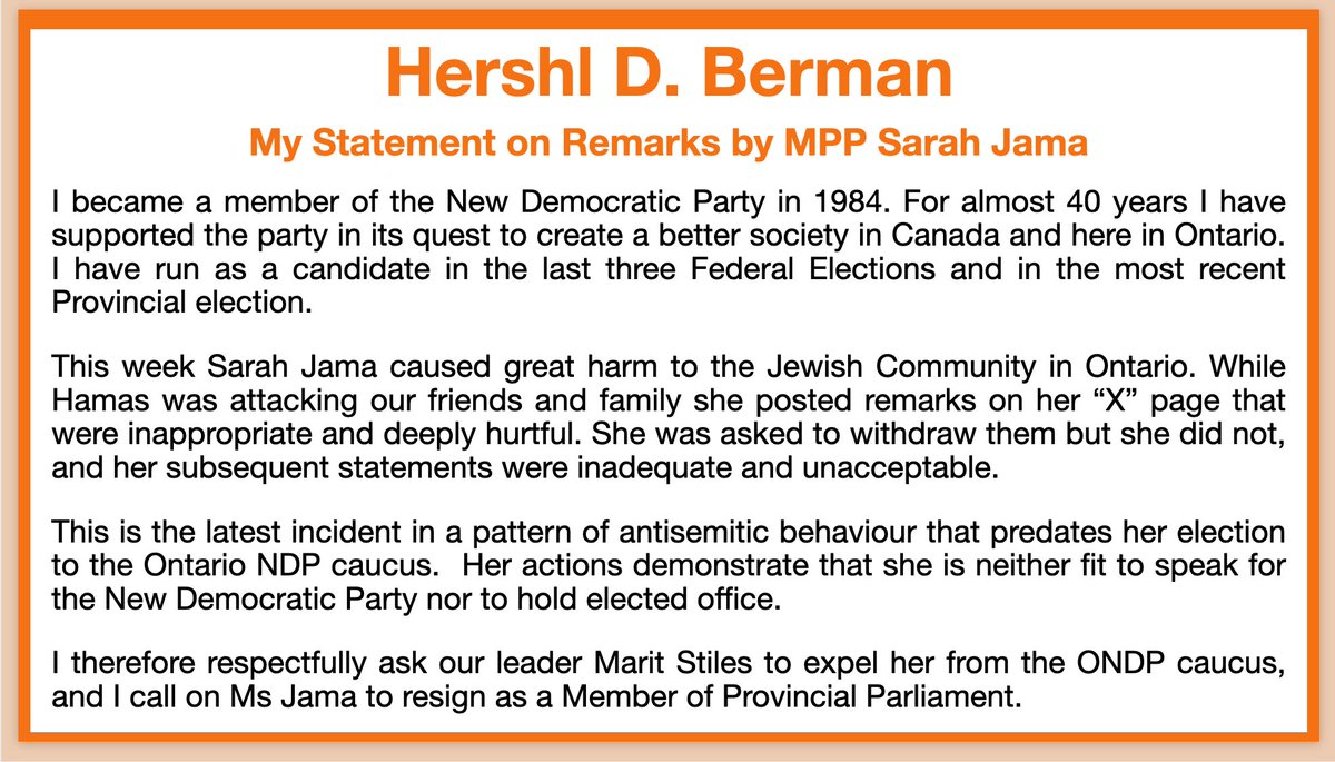 BermanPCMD's tweet photo. My statement on the hurtful, inappropriate posts by @SarahJama_ on “X”

I respectfully ask @OntarioNDP leader @MaritStiles to expel her from the NDP caucus

I call on Ms Jama to resign from the legislature 

@CIJAinfo 
@CanadianFSWC
@bnaibrithcanada
@UJAFederation https://t.co/b2yzhMSoOw