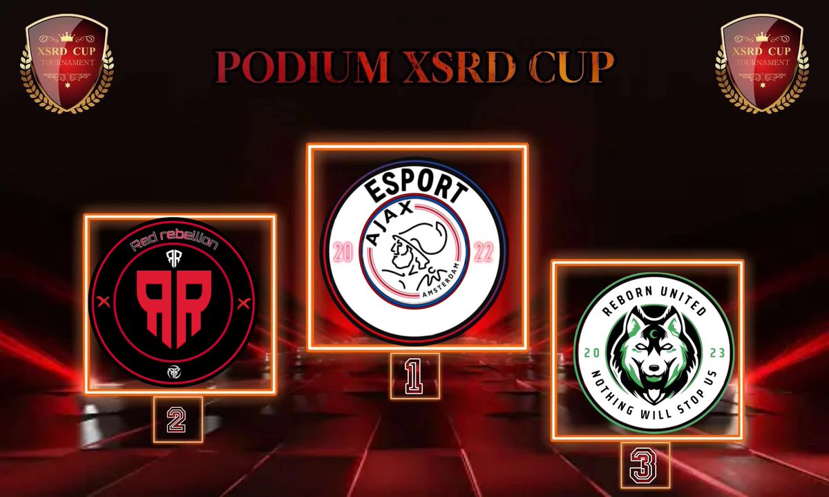 # 🏆 PODIUM XSRD CUP 🏆
                  ** JEUDI 12OCTOBRE **

**Tournoi A** 
🥇Ajax Esp. 
🥈 <a href="/RedRebellionCP/">🔴 Red Rebellion 🔴</a> 
🥉 <a href="/bioguer/">BiOgUeR</a> 

*__Merci aux 32 équipes pour votre participation dans la joie et la bonne humeur 🙂 __*
