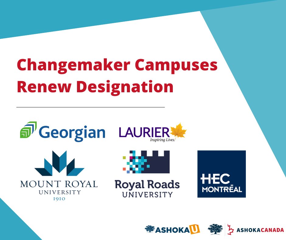 AshokaCanada's tweet photo. Congratulations to @georgiancollege , @HEC_Montreal , @mountroyal4u , @RoyalRoads & @Laurier on successfully renewing their designation as Ashoka U #ChangemakerCampuses!
Learn more about #ChangemakerEducation & the designation: https://t.co/NnxkZhuMdZ https://t.co/57gFvdz5hx