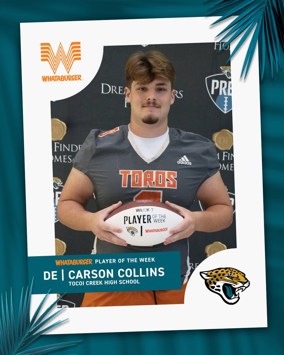 The <a href="/Whataburger/">Whataburger®</a> Player of the Week for Week 7 is Carson Collins!

Holding it down in the trenches! 💪

<a href="/Jaguars/">Jacksonville Jaguars</a> | <a href="/ActionSportsJax/">BrentDanStuartMarcelAlivia</a>