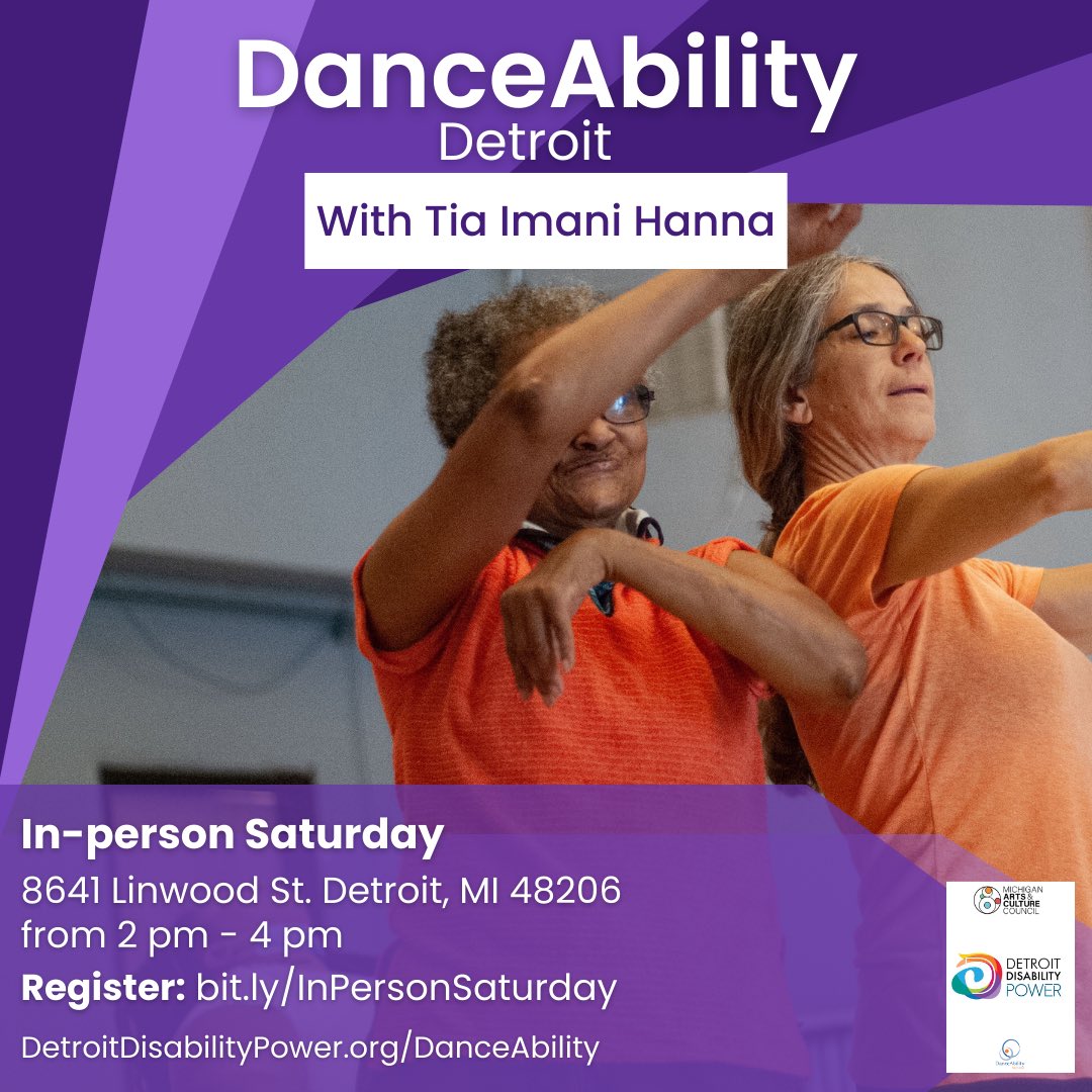 Join us at 8641 Linwood on Saturday, October 28th and experience dance improvisation for people with or without disabilities of all ages. The class starts at 2 pm. Register at bit.ly/InPersonSaturd… Visit DetroitDisabilityPower.org/DanceAbility for more information.