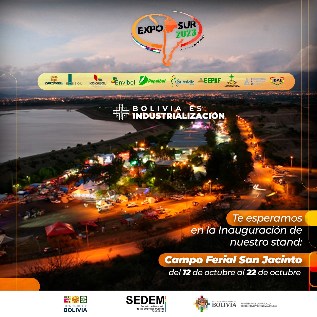 Sedem_Bolivia's tweet photo. Hoy es la inauguración de nuestro stand en la #Exposur. Te invitamos a conocer nuestras empresas públicas productivas: #Cartonbol, #Papelbol, #Ecebol, #Kokabol, #Envibol, #Eepaf, #Eeps, #Ibae e #Ibq y conoce más sobre nuestros servicios de #Subsidios.
#UnidosPorBolivia 🇧🇴 https://t.co/ItaOIEfor6