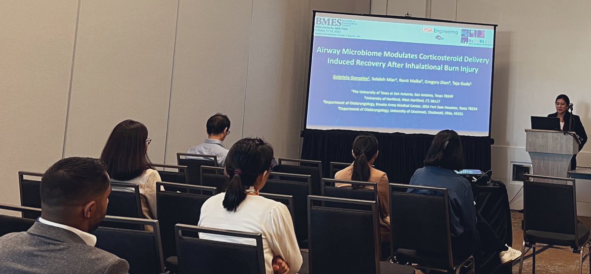 Great talk <a href="/Gab_CGonzales/">Gabriela C. Gonzales</a>: microbiome - inflammation axis in burn injured airway! So much data - cool mechanism! Thanks #BMES2023 for opportunity to share results! (We touch on mucin mechanics &amp; micriobiome - nod 2 track chairs <a href="/GreggADuncan/">Gregg Duncan</a> @AnaMaPorras - questions🫣) 
<a href="/BmeUtsa/">BME UTSA</a>