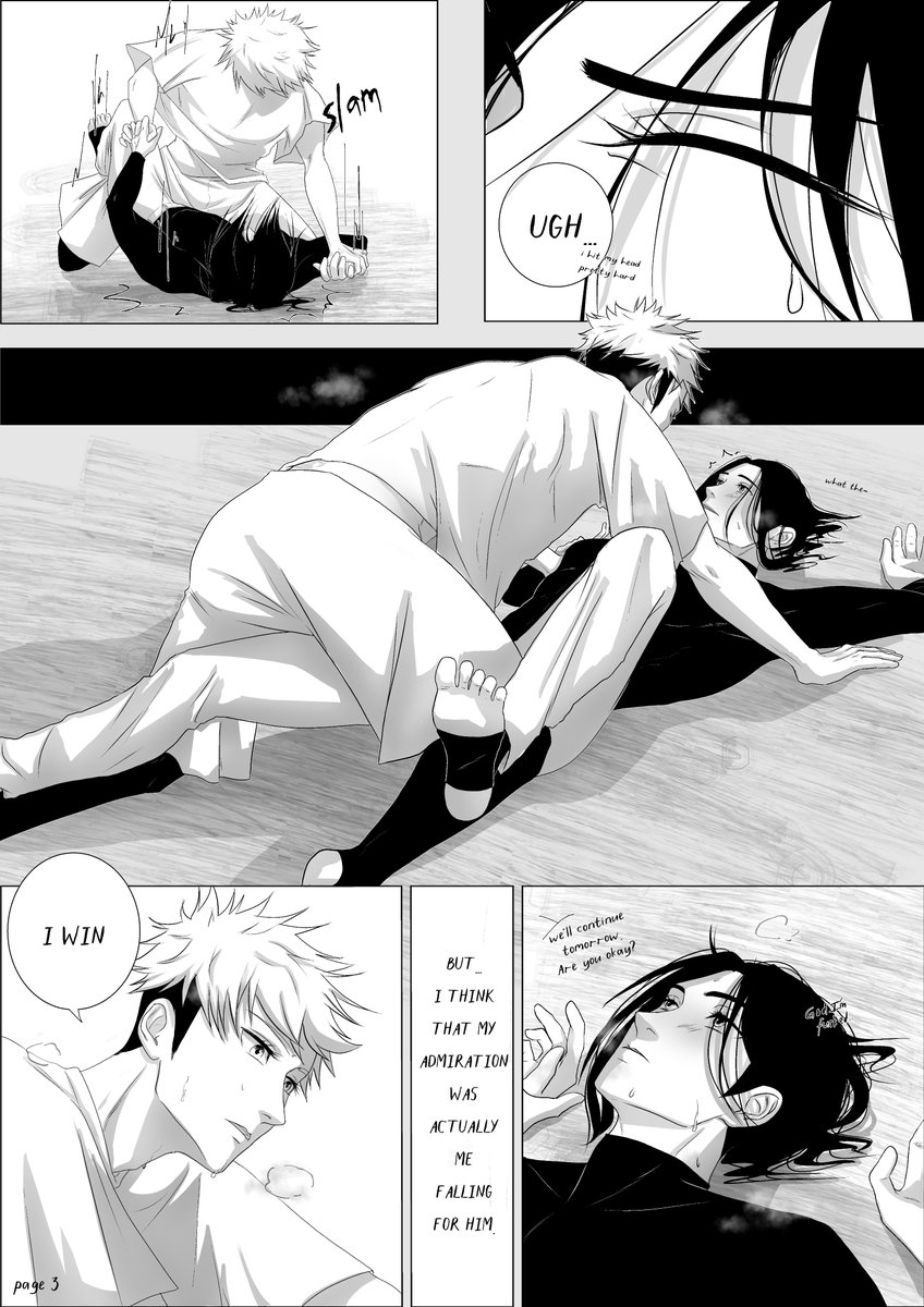 [sparring, one way or another] - 3pg

The SFW piece I made as part of <a href="/JJKOasisZine/">Oasis: A JJK Rare Pair Zine 🏝</a> zine, and it links directly to the NSFW fic that pairs with it (adding link in thread)

#ItaKamo #虎加茂