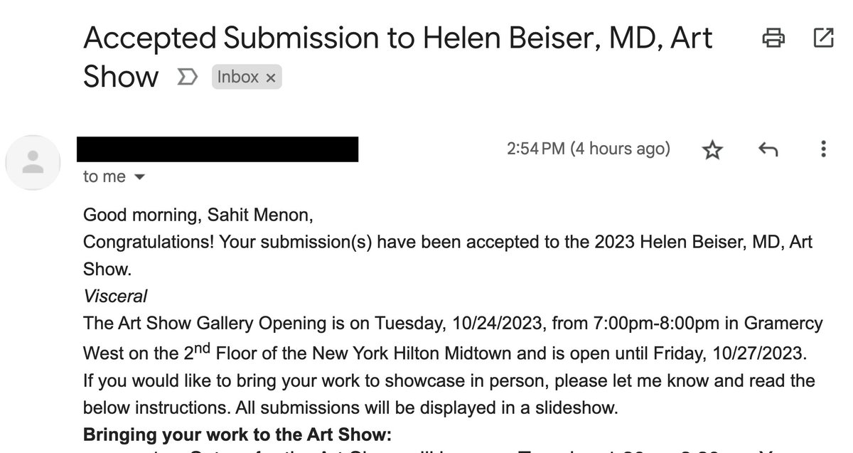 Honored to have my poem, Visceral, accepted to the Helen Beiser, MD Art Show at
@AACAP's 70th Annual Meeting!  

Looking forward to the conference - new perspectives and connections await.

@JAACAP

#ChildPsychiatry #MedicalHumanities #MedTwitter #MentalHealth