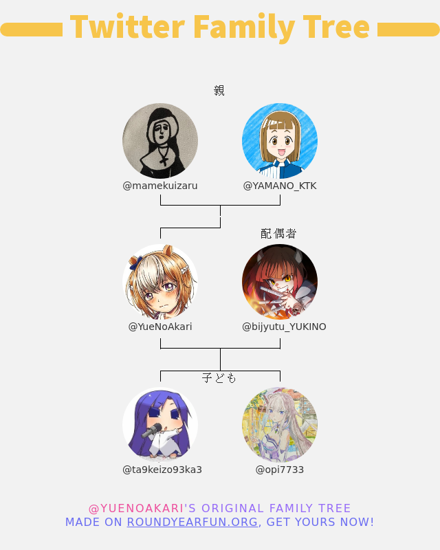 YueNoAkari's tweet photo. 👨‍👩‍👧‍👦 私のTwitter家族:
👫 親: @mamekuizaru @YAMANO_KTK
👰 配偶者: @bijyutu_YUKINO
👶 子ども: @ta9keizo93ka3 @opi7733

➡️ https://t.co/QAj8fcHf6r https://t.co/aC7oEIs4xm
