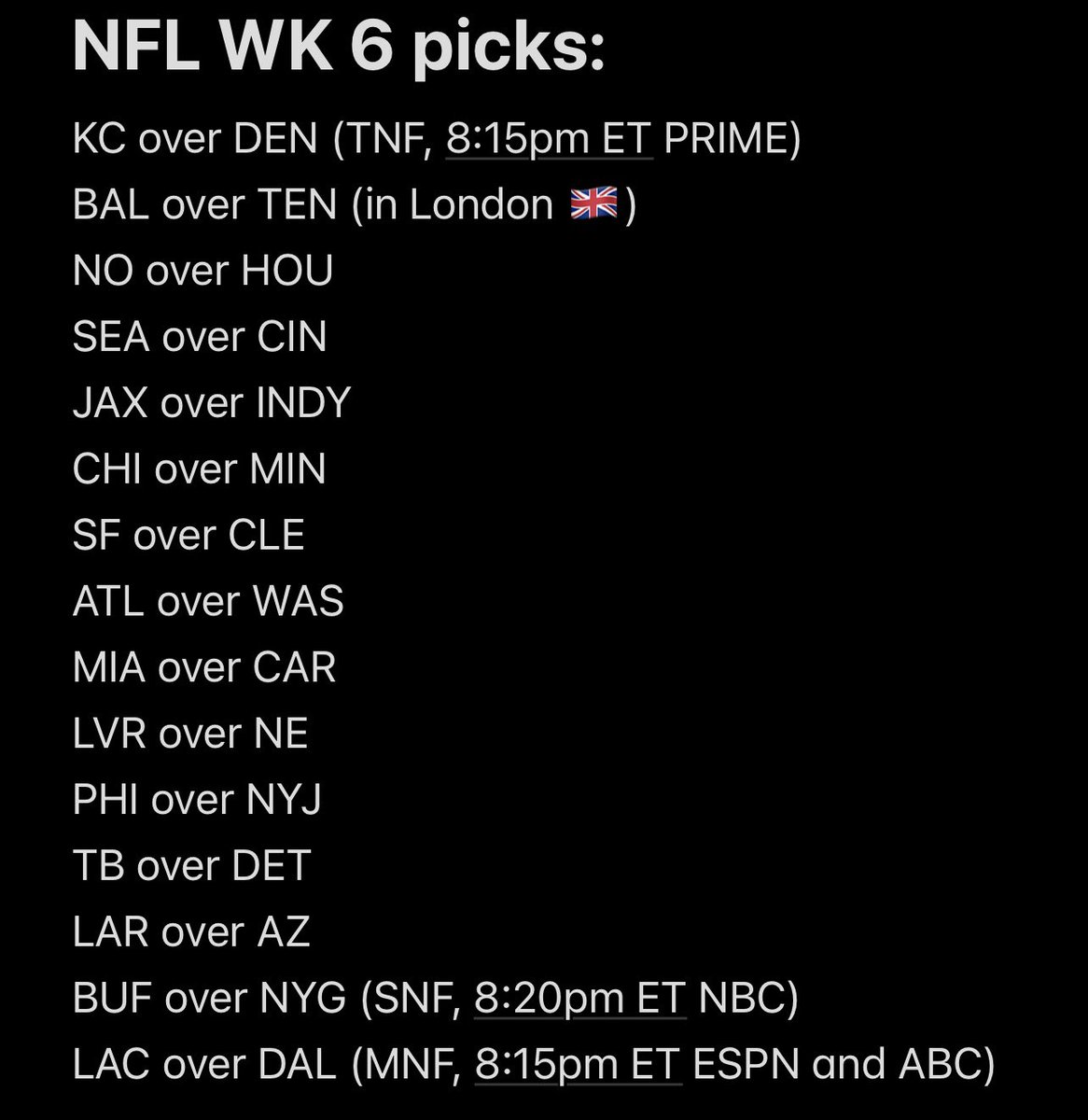 After going 7-6 in Week 5 here are my Week 6 picks: #NFL #NFLWeek6 #NFLWeek6Picks