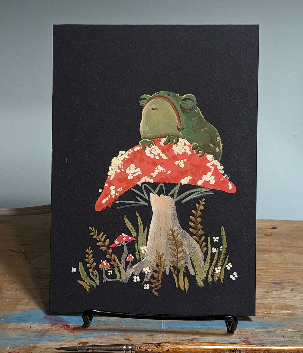 EmilyZelasko's tweet photo. Today's prompt was toad. So toad it is.
#emilyzelaskoart #toad #mabsdrawlloweenclub #mabsdrawlloweenclub2023 #wash #mushroom #toadart #blackpaper #spookyart #fallart #autumnart #illustration #artist #nature #wimsicalart #frog #originalpainting #limitedcolorpalette #drawlloween https://t.co/kMO7rpbtrz