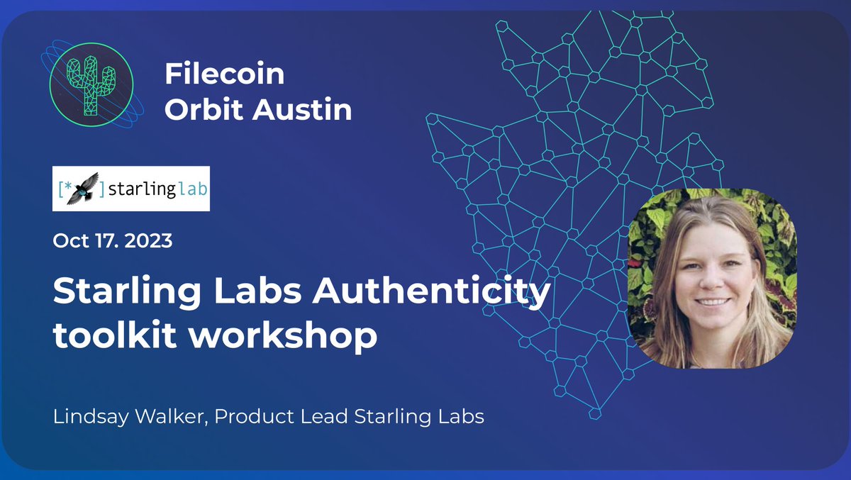 austin_orbit's tweet photo. Glad to have @Lindsayjowalk from #StarlingLabs host our next #FilecoinOrbitCommunity workshop!
Come learn about tools Starling Lab uses to help battle mis- and disinformation in journalism, law, and history!
🗓️ Oct/17
🕡6:30p - 8:30p
Learn more: https://t.co/LNLwwUbIvy https://t.co/7KwAckgPrT