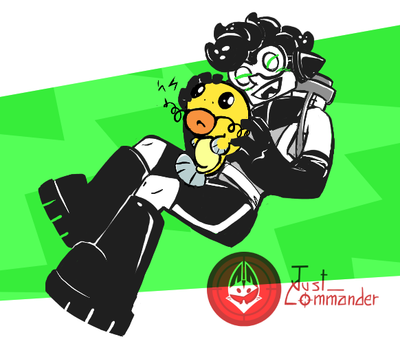 just_commander's tweet photo. So! Old stuff I found, in this order:

Everything the same but Captain has a peacock tail and he's very proud of it,
Scared Sniper got a name of course but only Ted (and Captain) knows it and he loves to hear him say it,
Splatoon AU,
Ted being radioactive as fuck

 #tankmen https://t.co/ARTtrT2vxn