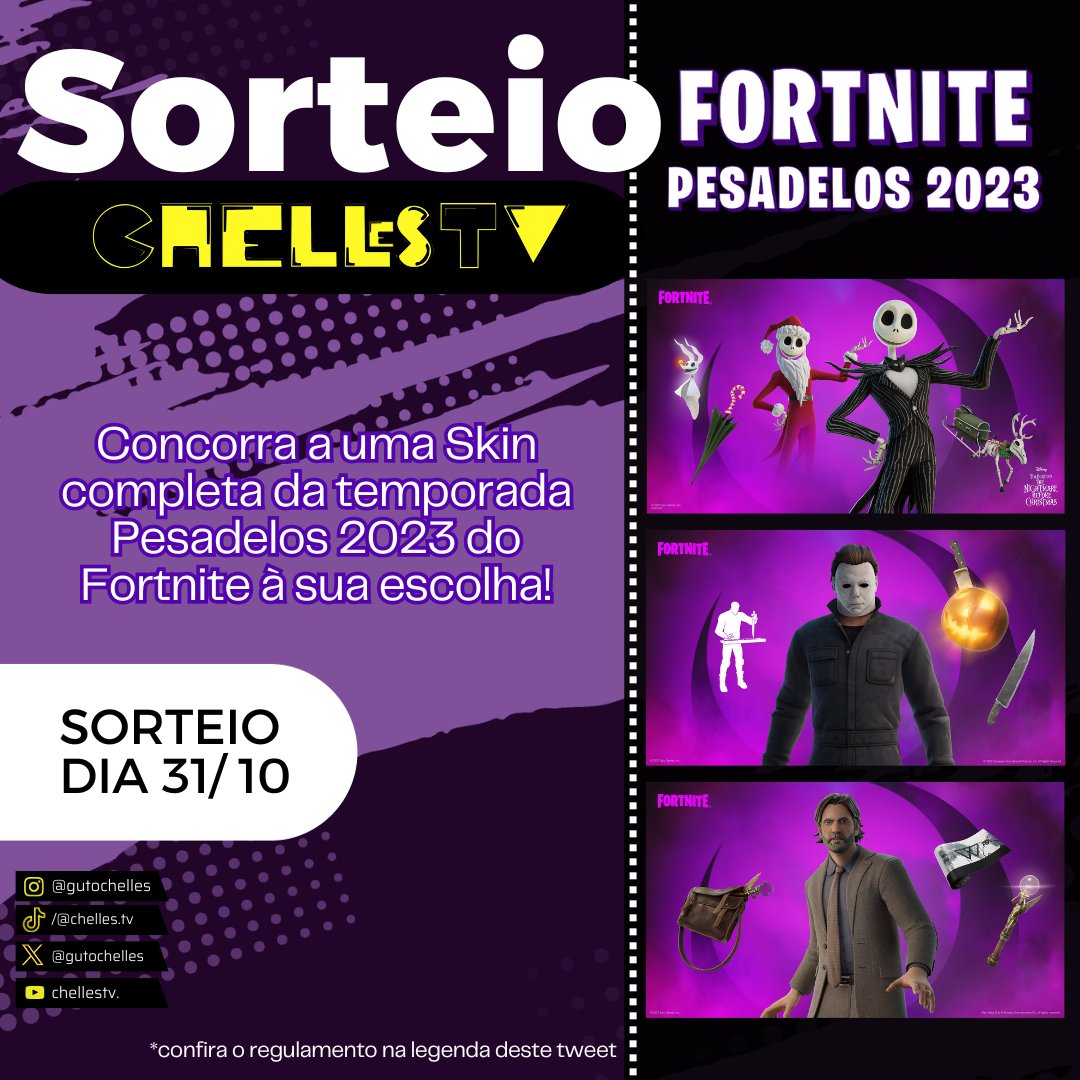 gutochelles's tweet image. 🎃SORTEIO DE HALLOWEEN🎃 
PRÊMIO: Uma skin completa da temporada Pesadelos 2023 à sua escolha!

📌REGRAS
1. Siga @gutochelles 
2. Siga na Twitch: twitch.tv/chellestv
3. Curta e retweet este tweet
4. Marque um amigo nos comentários.

🎯Data do Sorteio: 31/10/23