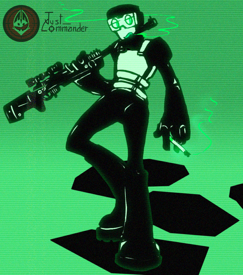 just_commander's tweet photo. So! Old stuff I found, in this order:

Everything the same but Captain has a peacock tail and he's very proud of it,
Scared Sniper got a name of course but only Ted (and Captain) knows it and he loves to hear him say it,
Splatoon AU,
Ted being radioactive as fuck

 #tankmen https://t.co/ARTtrT2vxn