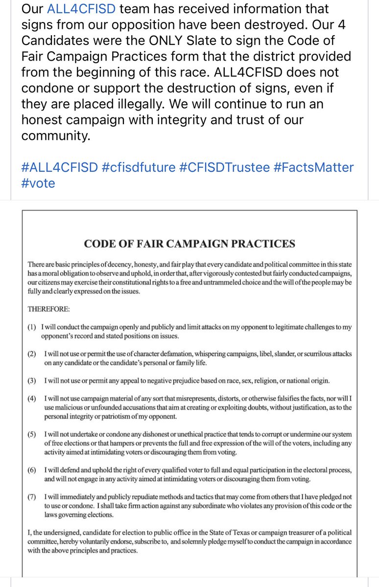 bscampbell2's tweet photo. I received this text about Julie Hinaman this morning. I believe it goes against the Code of Fair Campaign Practices that only the 4 candidates of ALL4CFISD signed. 
I support Julie Hinaman and the rest of the ALL4CFISD candidates!!
#ALL4CFISD #cfisdfuture #CFISDTrustee https://t.co/Eiy20pR8aO