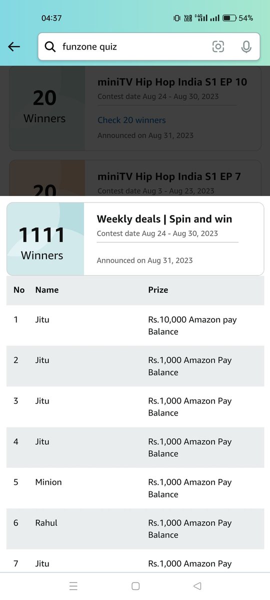 HoreMayur's tweet photo. @amazonIN First, fix your funzone quiz, your internal employees are robbing you from lakhs of rupees, they're letting two persons win all the games and might be using that amount to purchase products from Amazon and selling it. Please look into it https://t.co/uBgcJzs0Es