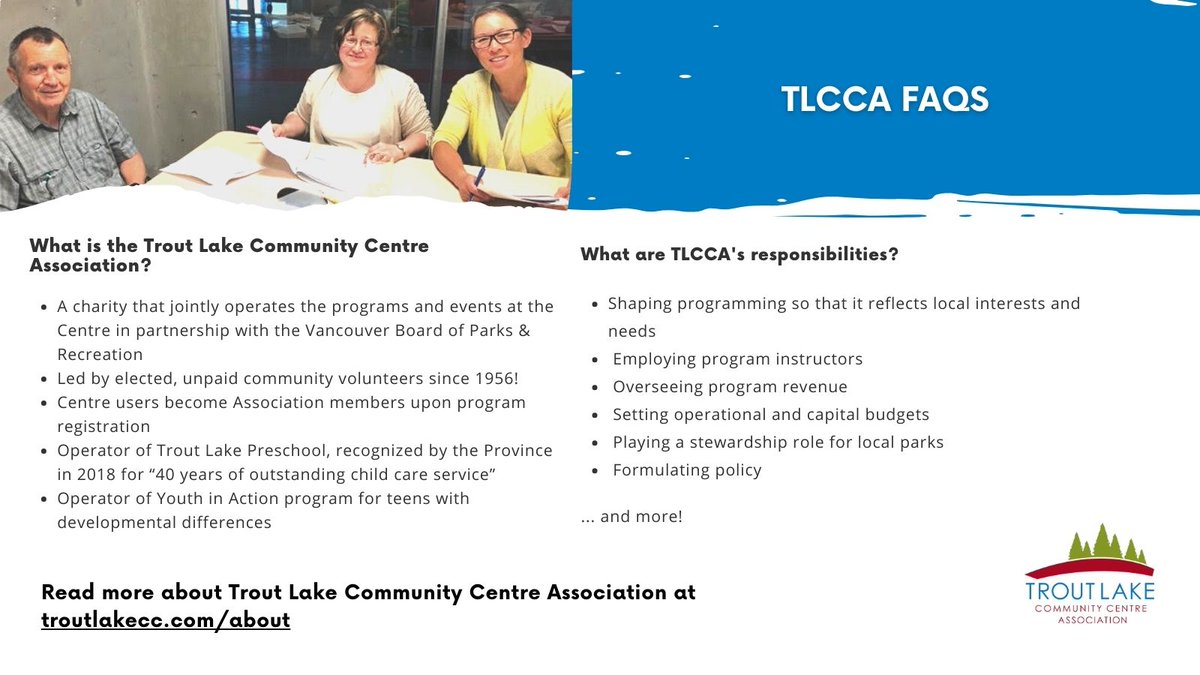 The Trout Lake Community Centre Association Board of Directors is excited to be hosting our AGM with refreshments, light snacks + a community mingle session! Join us on November 22 @ 7 p.m.  (Not sure what a CCA is? Read these slides🤓 &amp; hit troutlakecc.com.)