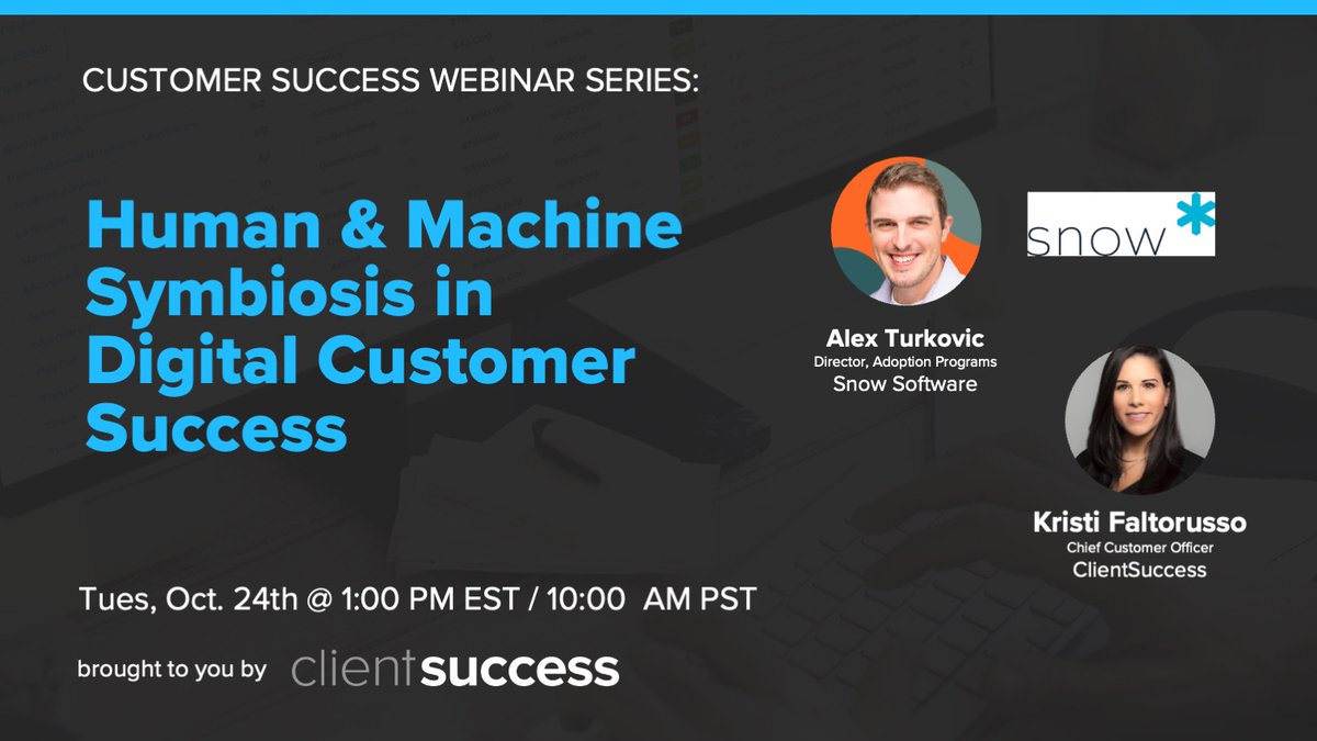 Join our webinar "Human &amp; Machine Symbiosis in Digital Customer Success" on Oct 24, 2023.  Hear Alex Turkovic, Director, Adoption Programs at Snow Software share his expertise and ideas on designing digital motions to make humans look good!
hubs.la/Q025nZfV0