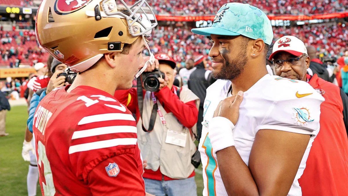MLFootball's tweet photo. Week five, #NFL    quarterback power rankings:

1) #Dolphins, Tua Tagovailoa
2) #Chiefs, Patrick Mahomes
3) #49ers, Brock Purdy
4) #Chargers, Justin Herbert 
5) #Texans, CJ Stroud 
6) #Bills, Josh Allen
7) #Lions, Jared Goff
8) #Vikings, Kirk Cousins
9) #Buccaneers, Baker Mayfield
10) #Jaguars Trevor Lawrence
11) #Eagles, Jalen Hurts 
12) #Ravens, Lamar Jackson
13) #Broncos, Rusell Wilson 
14) #Rams, Matthew Stafford
15) #Seahawks, Geno Smith