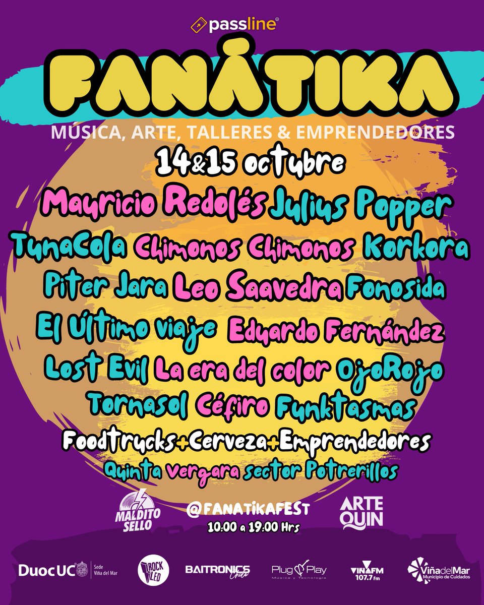 FANÁTIKA FESTmúsica🎸, emprendimientos🛍️ y el arte.
🎟️GRATIS passline.com
Ambiente familiar bandas locales + músicos consagrados, emprendimientos, foodtrucks, exposición  de autos, talleres y mucho más
📆 14 y 15 de octubre  Quinta Vergara 🌳Potrerillos
@fanatikaFest
