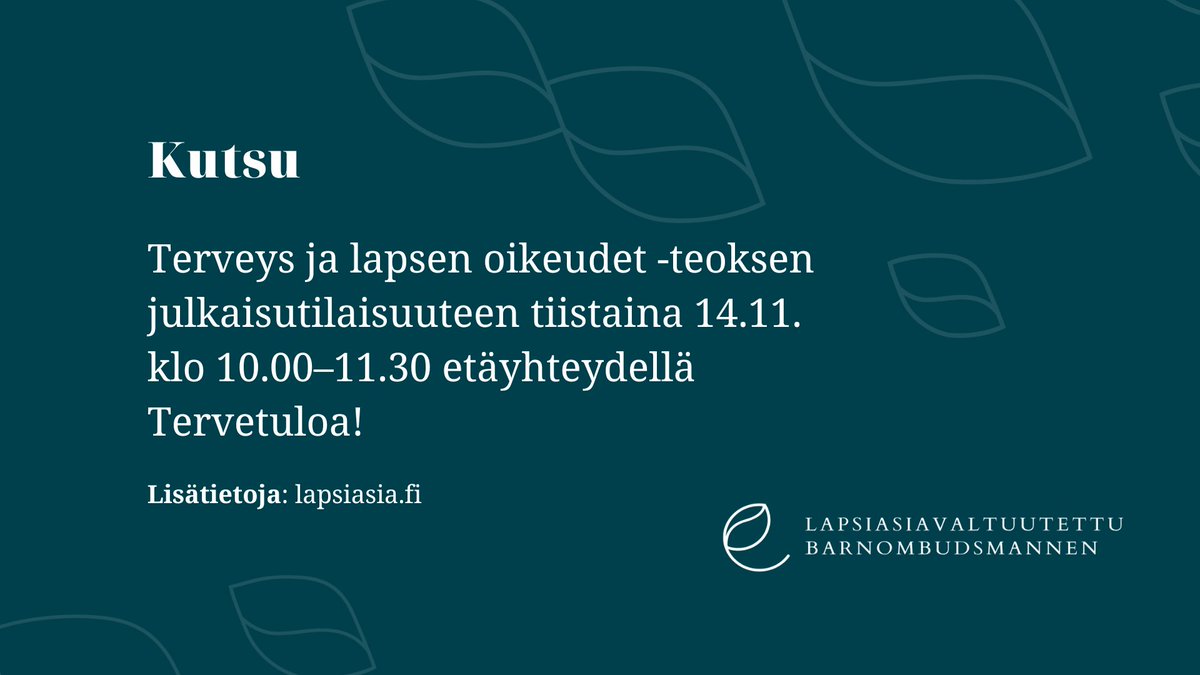 📅Lapsiasiavaltuutettu julkaisee moninäkökulmaisen artikkelikokoelman Terveys ja lapsen oikeudet tiistaina 14.11. Julkaisutilaisuus etäyhteydellä klo 10, ohjelma julkaistaan pian. Tervetuloa!

#LapsenOikeusTerveyteen #SaveTheDate