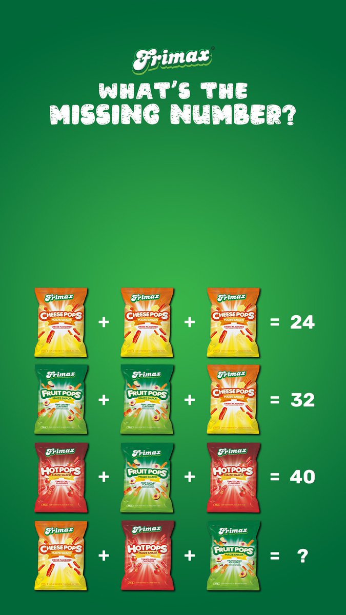 Frimax's tweet photo. Whether it's Hot Pops, Cheese Pops OR Fruit Pops - life is always better with a packet of Pops!
Comment if you can crack the code & GUESS the missing number! #HotPops #CheesePops #BeefPops #Puffs #Frimax #FrimaxFoods https://t.co/vu821kHTBr