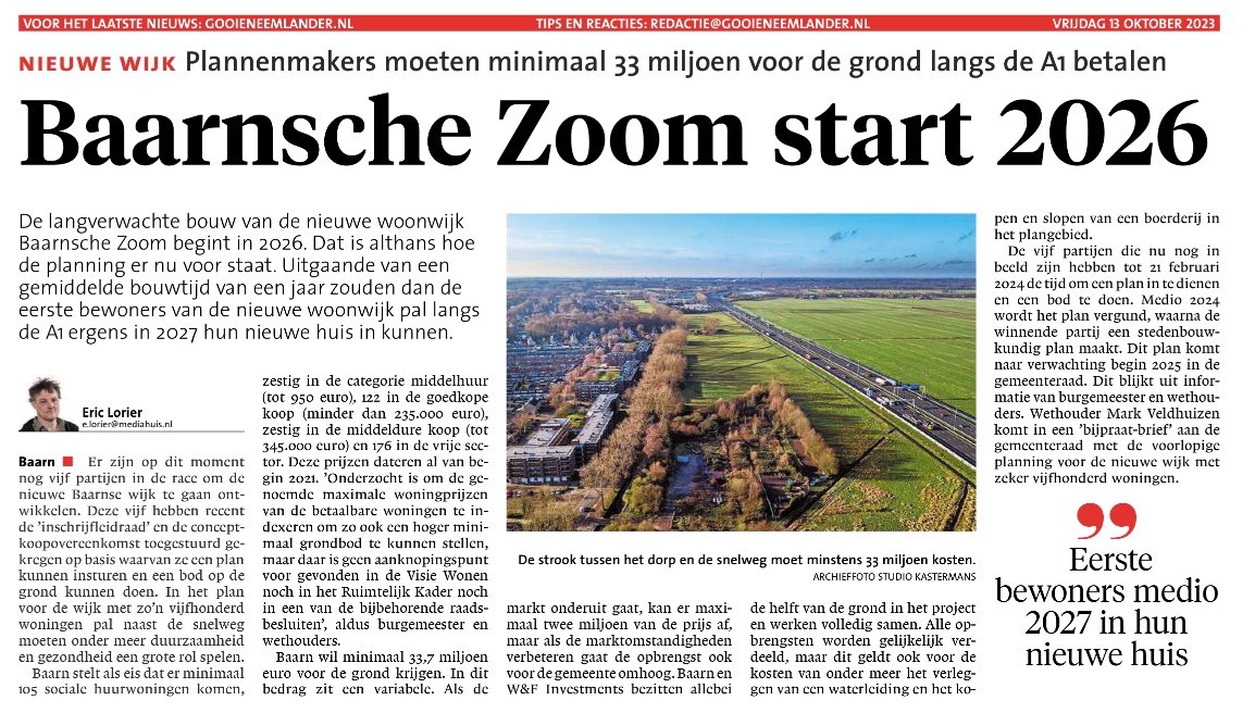 Heel goed nieuws en het kan natuurlijk niet snel genoeg gaan voor de woningzoekenden, maar dit zeer noodzakelijke en wenselijke dossier is zeer voortvarend opgepakt door wethouder Mark Veldhuizen @veldhuizenmark Een dikke pluim daarvoor! #Baarn #woningbouw