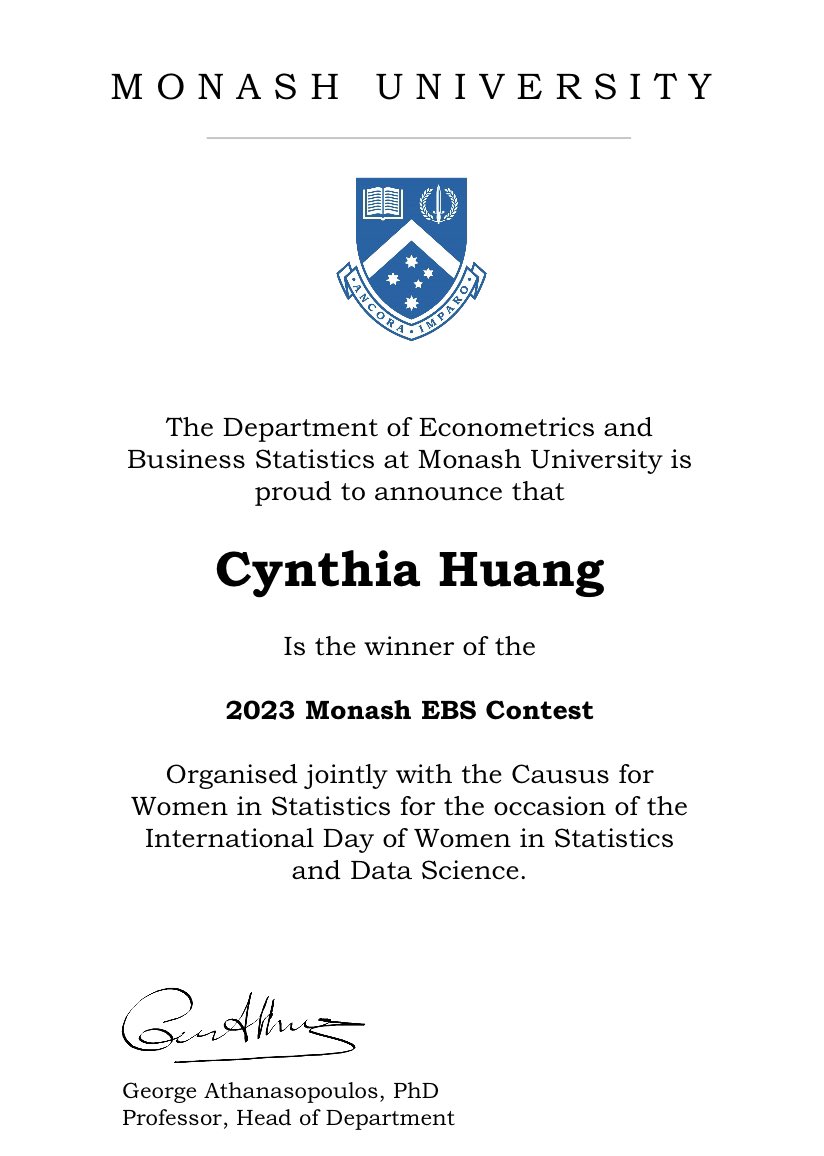 HamzaHanbali1's tweet image. I’m glad to announce that Cynthia Huang (@cynthiahqy) is the winner of this year’s @MonashEBS contest, organised jointly with the @cwstat 
#IDWSDS2023