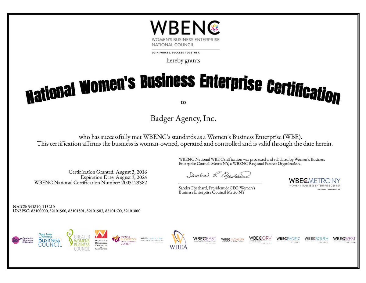 <a href="/thebadgeragency/">Badger Agency</a>  has officially been granted #WOSB renewal certification by Women's Business Enterprise Council #WBENC #WomenNotObjects #SeeHer #DEI #diversity #equity #inclusion via <a href="/madonnabadger/">Madonna Badger</a>🚀