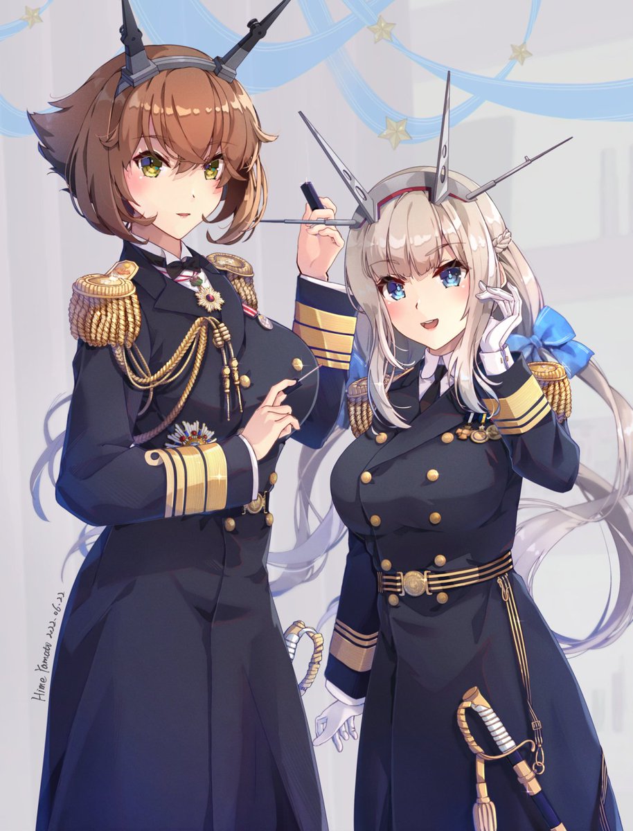 mutsu (kancolle) multiple girls 2girls brown hair headgear white gloves uniform military  illustration images