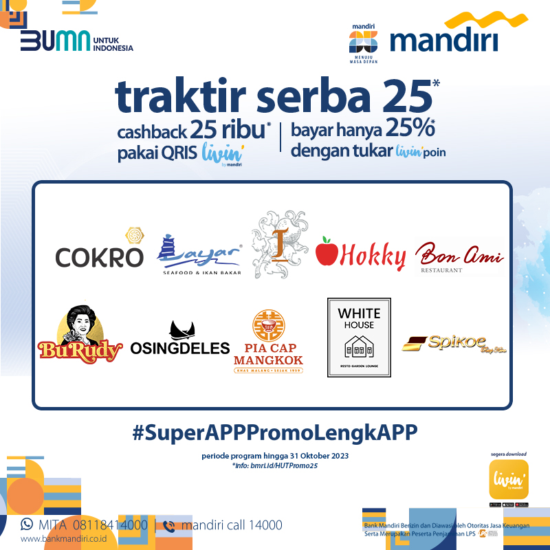 bankmandiri's tweet photo. Nikmati traktir serba 25 yuk! Ada promo menarik nih untuk kamu, bisa transaksi menggunakan QRIS Livin' by Mandiri atau menukarkan Livin' poin hingga 31 Oktober 2023 ya, jangan sampai terlewat 😉
Info: https://t.co/v5Rs6ocgzP
