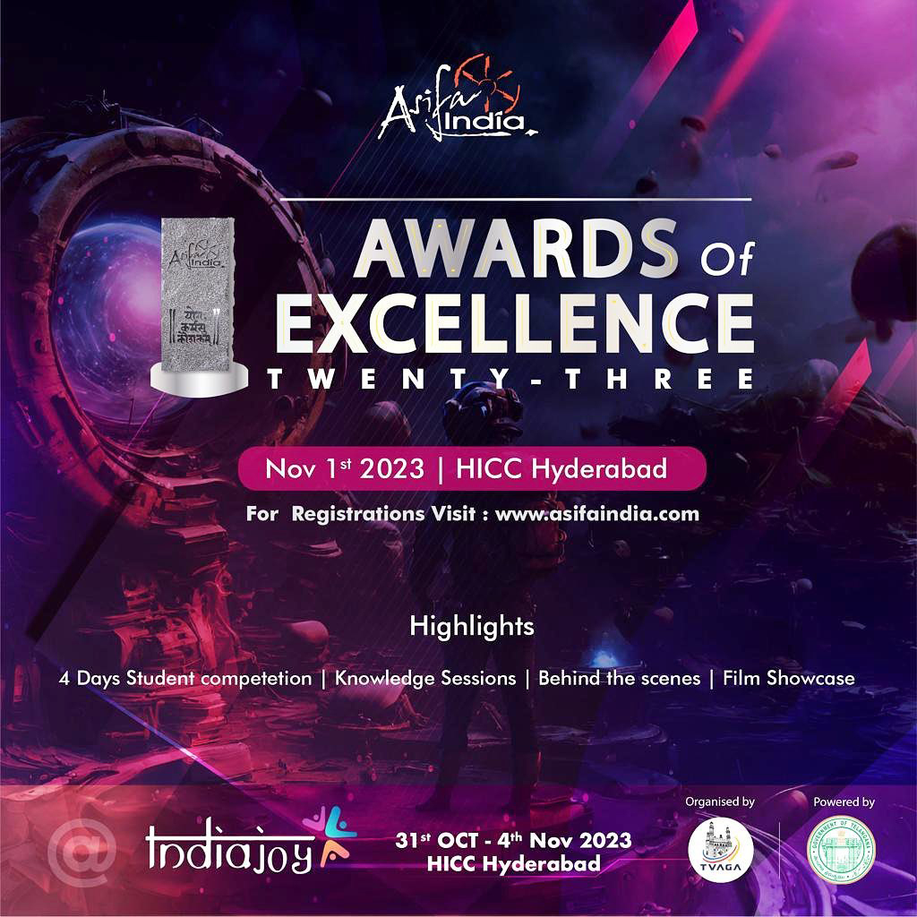 Welcome to INDIAJOY 2023. India's Largest Media & Entertainment Summit happenig 31st OCT to 4th NOV, at HICC NOVOTEL Hyderabad, Telangana, India. This 5 Day's 'GALA EVENT': VFX Summit, Desi Toons, Cinematica,AsifaIndia and IGDC For Registrations: vfxsummit.in/book-tickets.p…