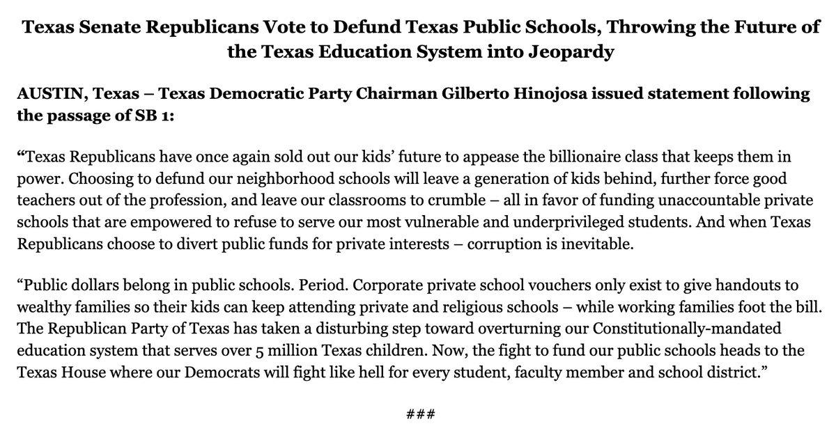 texasdemocrats's tweet photo. BREAKING: Texas Senate Republicans Vote to Defund Texas Public Schools, Throwing the Future of the Texas Education System into Jeopardy #txlege 

Read more: https://t.co/ytOhojMVt8 https://t.co/DdrPpI4fSW
