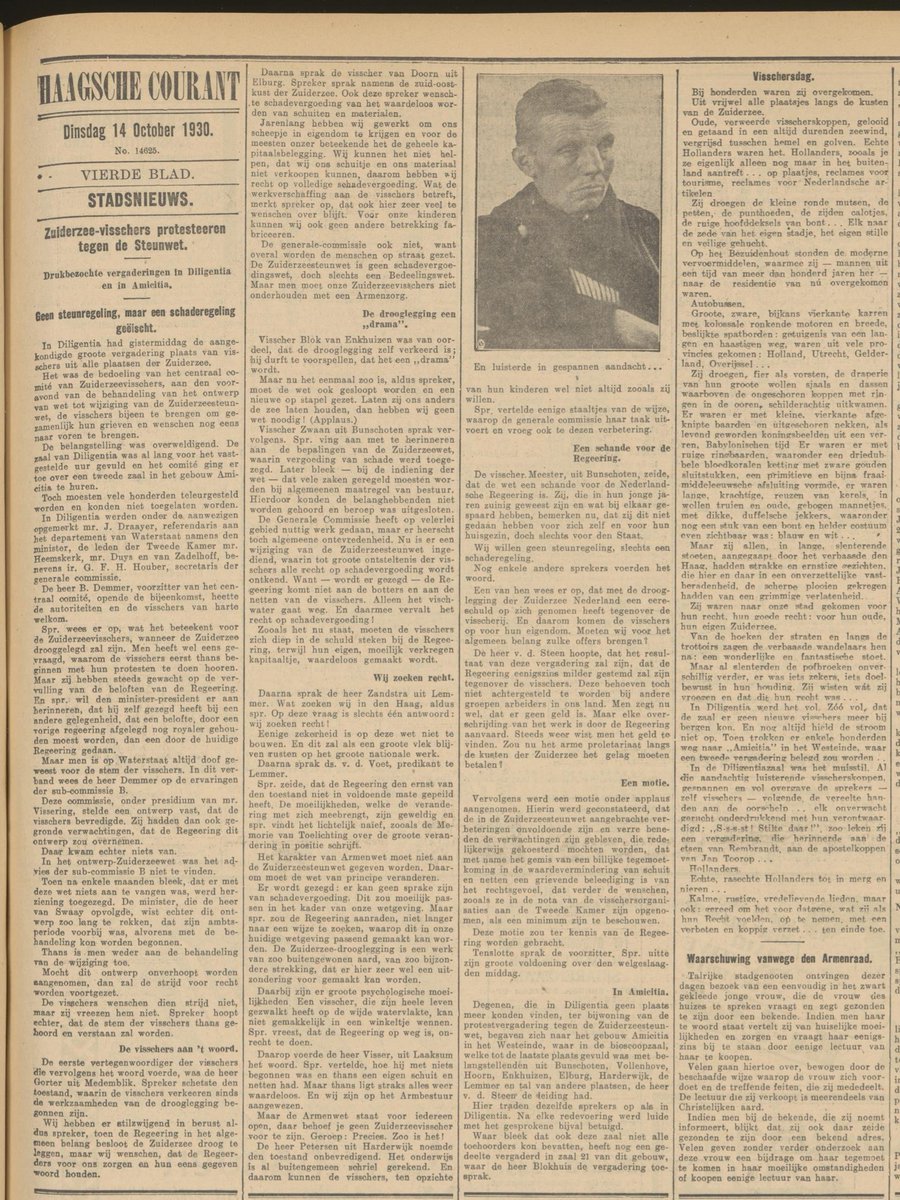 Op 13 oktober 1930 protesteerden honderden Zuiderzeevissers in Den Haag. De vissers eisten een schadeloosstelling voor het verlies van inkomsten en het waardeloos worden van hun schepen na de afsluiting en de drooglegging van de Zuiderzee.