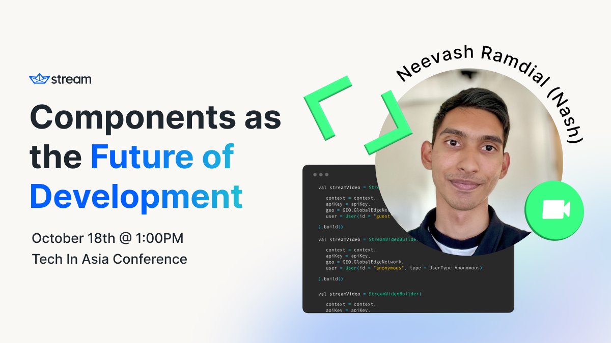 getstream_io's tweet image. Headed to #techinasia next week in Jakarta?  Make sure to check out @nash0x7e2 on the stage talking about Components as the future of Development 🚀
