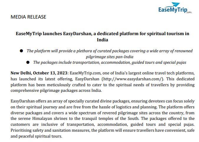 vluxeinvests's tweet photo. #EaseMyTrip launches #EasyDarshan, a dedicated platform for spiritual tourism in India https://t.co/C415q1US6i