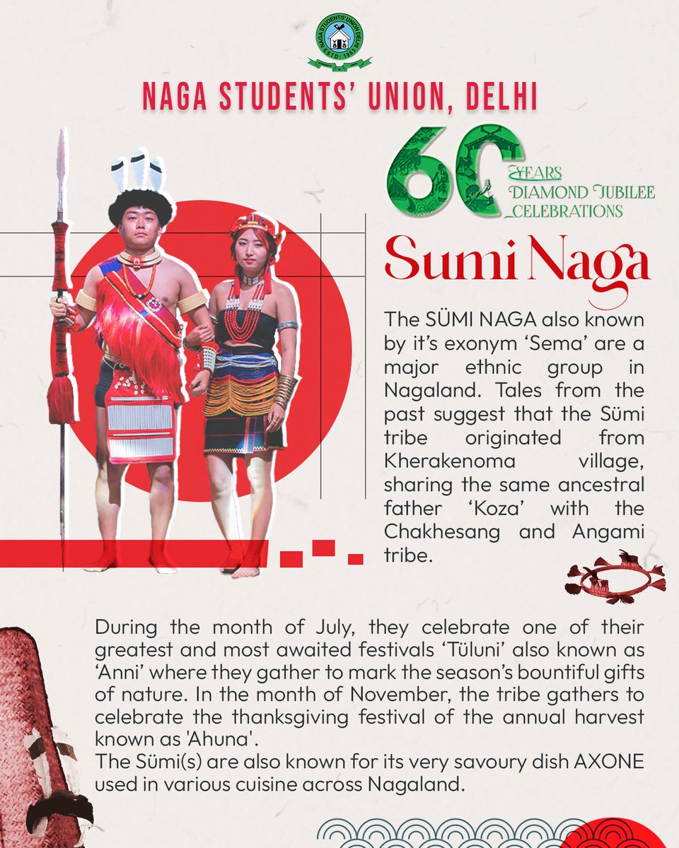 SUMI NAGA :
The SÜMI NAGA also known by it’s exonym ‘Sema’ are a major ethnic group in Nagaland. Tales from the past suggest that the Sümi tribe originated from Kherakenoma village, sharing the same ancestral father ‘Koza’ with the Chakhesang and Angami tribe.