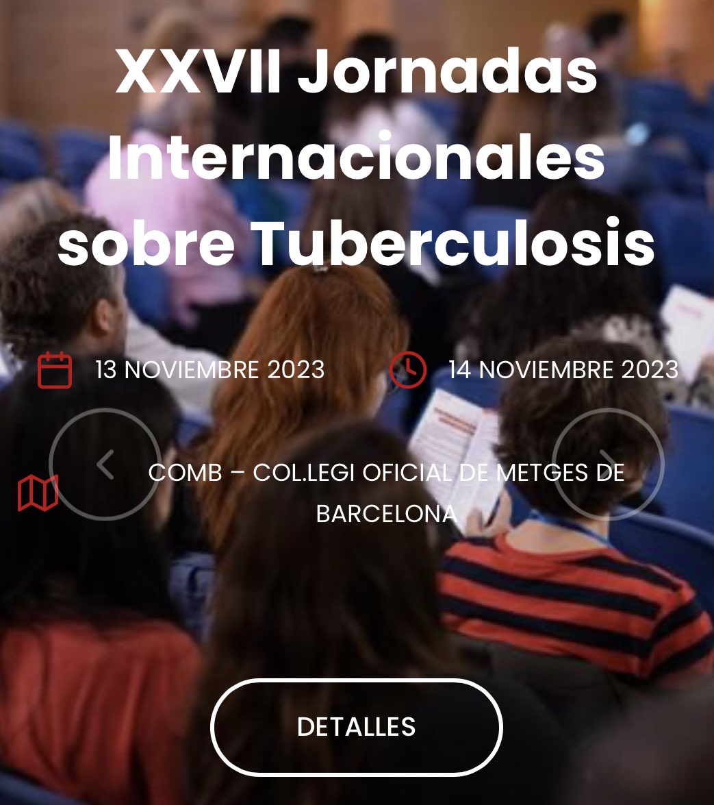 En un mes:
👉 XXVII Jornadas Internacionales de TB
Formato híbrido
Programa e inscripciones gratuitas: uitb.cat

@salutpublicabcn <a href="/salutcat/">Salut</a> <a href="/ServeisClinics/">Serveis Clínics</a> <a href="/SEIMC_/">SEIMC</a> @GeSIDA <a href="/SEPAR_PII_TB/">PII TB SEPAR</a> <a href="/SeparRespira/">SeparRespira</a> <a href="/Sanidad_Peniten/">SESP - Sociedad Española de Sanidad Penitenciaria</a> <a href="/GeimSeimc/">@GEIM_SEIMC</a> @CIBER_ESP <a href="/seepidemiologia/">SEE</a> <a href="/sespas/">SESPAS</a>