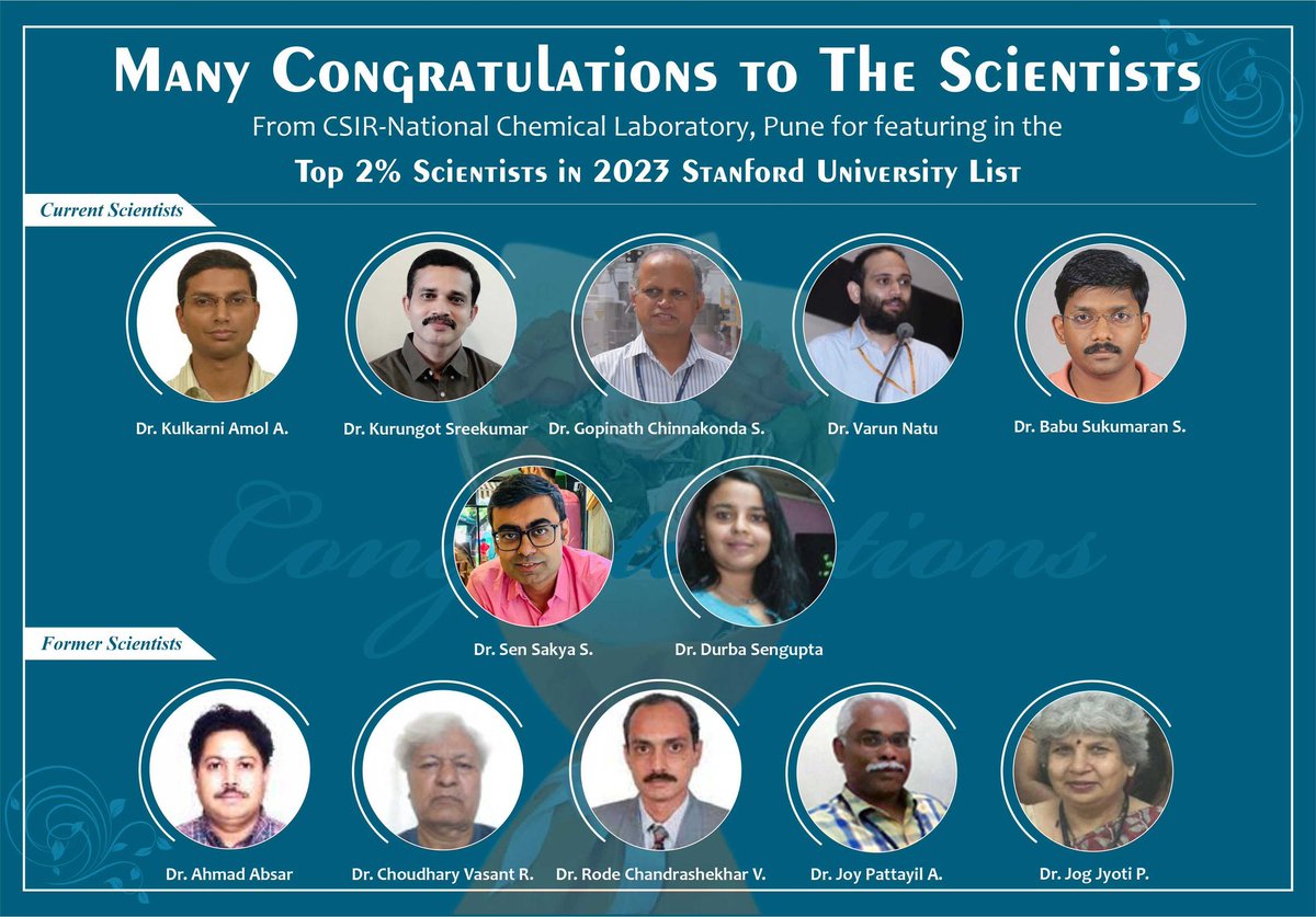Heartiest Congratulations to the CSIR-NCL scientists who have been featured in the Top 2% Most Influential Scientists in 2023 Stanford University List. <a href="/CSIR_IND/">CSIR, India</a>  <a href="/AshishLele3467/">Ashish Lele</a> <a href="/sakya_sen/">Sakya S. Sen</a>