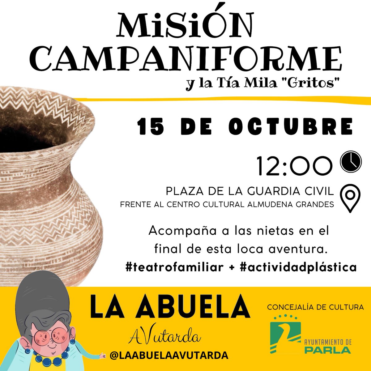 @laabuelaavutarda (@abuelaavutarda) on Twitter photo LLEGA EL ESPERADO FINAL Y DESENLACE DE LA LOCA AVENTURA #misioncampaniformeylatiamilagritos
Mis nietas os esperan a todos y todas en La Plaza de la Guardia Civil, justo al lado del centro cultural Almudena Grandes.
Domingo 15 de octubre a las 12:00.
<a href="/AytoParla/">Ayuntamiento de Parla</a>
<a href="/CulturaParla/">ParlaEsCultura</a> LLEGA EL ESPERADO FINAL Y DESENLACE DE LA LOCA AVENTURA #misioncampaniformeylatiamilagritos
Mis nietas os esperan a todos y todas en La Plaza de la Guardia Civil, justo al lado del centro cultural Almudena Grandes.
Domingo 15 de octubre a las 12:00.
<a href="/AytoParla/">Ayuntamiento de Parla</a>
<a href="/CulturaParla/">ParlaEsCultura</a>
