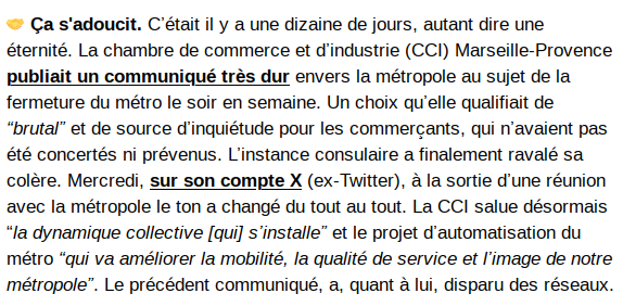 Zorro2Marseille's tweet photo. Après ses mots très durs contre la gestion du chantier d'automatisation du métro @ampmetropole @RTM_Officiel, la CCI rentre dans le rang. Ben oui, faudrait pas renoncer aux avantages à être dans le camp de la droite métropolitaine...
#Pointue #marsactu @l_castelly https://t.co/CSYa8u75qg