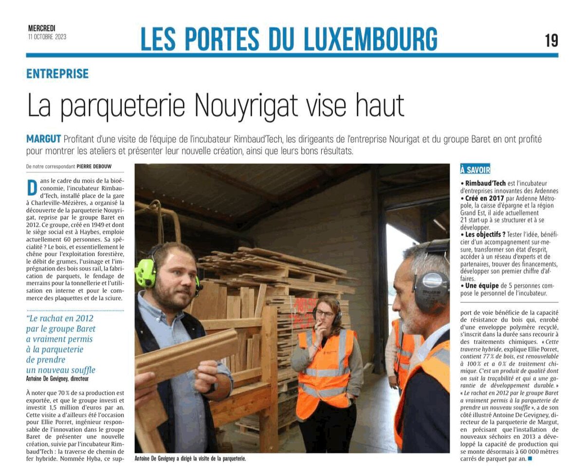 💥[Rimbaud'Tech dans L'Ardennais]

Souvenez-vous, le 29 septembre, nous avons visité la parqueterie Nouyrigat à Margut, et voici l'article ! 📰

Pour en savoir plus sur le projet HYBA, c'est par ici : bit.ly/46pZzVQ