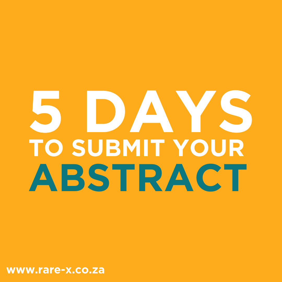 5 DAYS TO GO 

Share your knowledge and experience with a global audience and inspire discussions in our community. Abstract submissions close 18 October 2023.

Submit yours now at rare-x.co.za 

#RareX2024 #RareX #rarediseases #rare #RareXconference #access