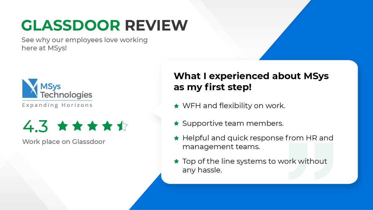 AziroTech's tweet photo. Genuine employee reviews are a cornerstone of our approach, providing valuable insights that continually empower us to evolve and operate with even more significant consideration.
#Glassdoorreview #LifeatMsys #EmployeeFeedback https://t.co/G1qJIucK0P