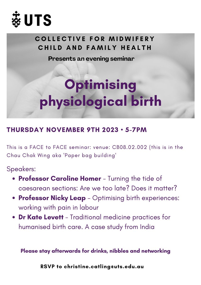 Prof Christine Catling (@christinecatli1) on Twitter photo Please come along to our seminar at UTS on Nov 9th to hear <a href="/CarolineHomer/">Caroline Homer</a>, Prof Nicky Leap and @LevettKate talk about optimising physiological birth. Pls RSVP to me.
<a href="/kbaird20/">Kathleen Baird</a> <a href="/jgreen_midwife/">Jennifer Green</a> <a href="/Heike__Roth/">Heike Roth</a> <a href="/debjfox/">Ass Prof Deborah Fox</a> <a href="/VScarf/">Vanessa Scarf</a> <a href="/utsSoNM/">UTS School of Nursing & Midwifery</a> <a href="/uts_cmcfh/">Centre for Midwifery Child and Family Health</a> <a href="/LorettaMusgrave/">Loretta Musgrave</a> <a href="/AnnabelSheehy/">Annabel Sheehy</a> Please come along to our seminar at UTS on Nov 9th to hear <a href="/CarolineHomer/">Caroline Homer</a>, Prof Nicky Leap and @LevettKate talk about optimising physiological birth. Pls RSVP to me.
<a href="/kbaird20/">Kathleen Baird</a> <a href="/jgreen_midwife/">Jennifer Green</a> <a href="/Heike__Roth/">Heike Roth</a> <a href="/debjfox/">Ass Prof Deborah Fox</a> <a href="/VScarf/">Vanessa Scarf</a> <a href="/utsSoNM/">UTS School of Nursing & Midwifery</a> <a href="/uts_cmcfh/">Centre for Midwifery Child and Family Health</a> <a href="/LorettaMusgrave/">Loretta Musgrave</a> <a href="/AnnabelSheehy/">Annabel Sheehy</a>