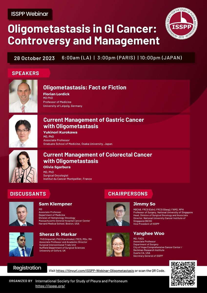 This #ISSPP webinar is coming up soon so please register! We have top faculty and highly interesting subjects around #oligometastatic disease in #gastric and #colorectal cancer @roux_group @escp_tweets @myESMO @OG_priorities @ECCongress